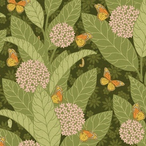 Monarch Butterflies and Milkweed 70s style - dark green - pink flowers - extra large scale