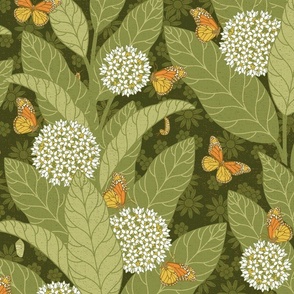 Monarch Butterflies and Milkweed 70s style - dark green - white flowers - extra large scale