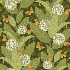 Monarch Butterflies and Milkweed 70s style - dark green - white flowers - large scale