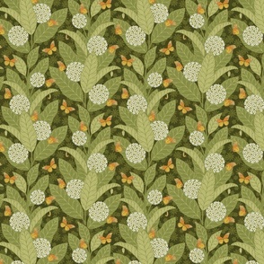 Monarch Butterflies and Milkweed 70s style - dark green - white flowers - small scale