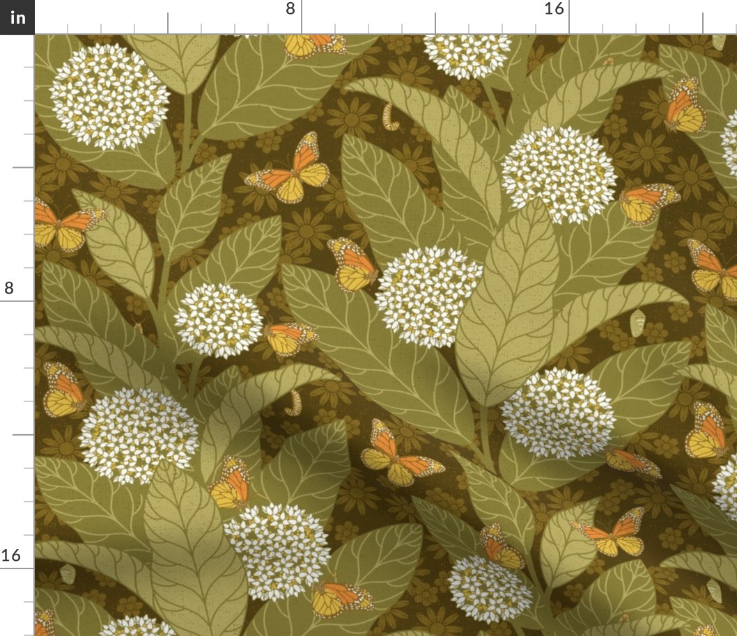 Monarch Butterflies and Milkweed 70s style - dark brown - white flowers - large scale 8.9.21-01