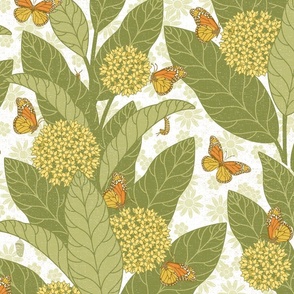 Monarch Butterflies and Milkweed 70s style - white - yellow flowers - extra large scale 8.9.21-01