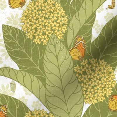 Monarch Butterflies and Milkweed 70s style - white - yellow flowers - large scale