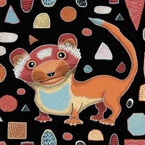 nocturnal animals, California Long-Tailed Weasel, medium large scale, black white light gray red orange yellow blue coral tangerine dark warm and cool colors