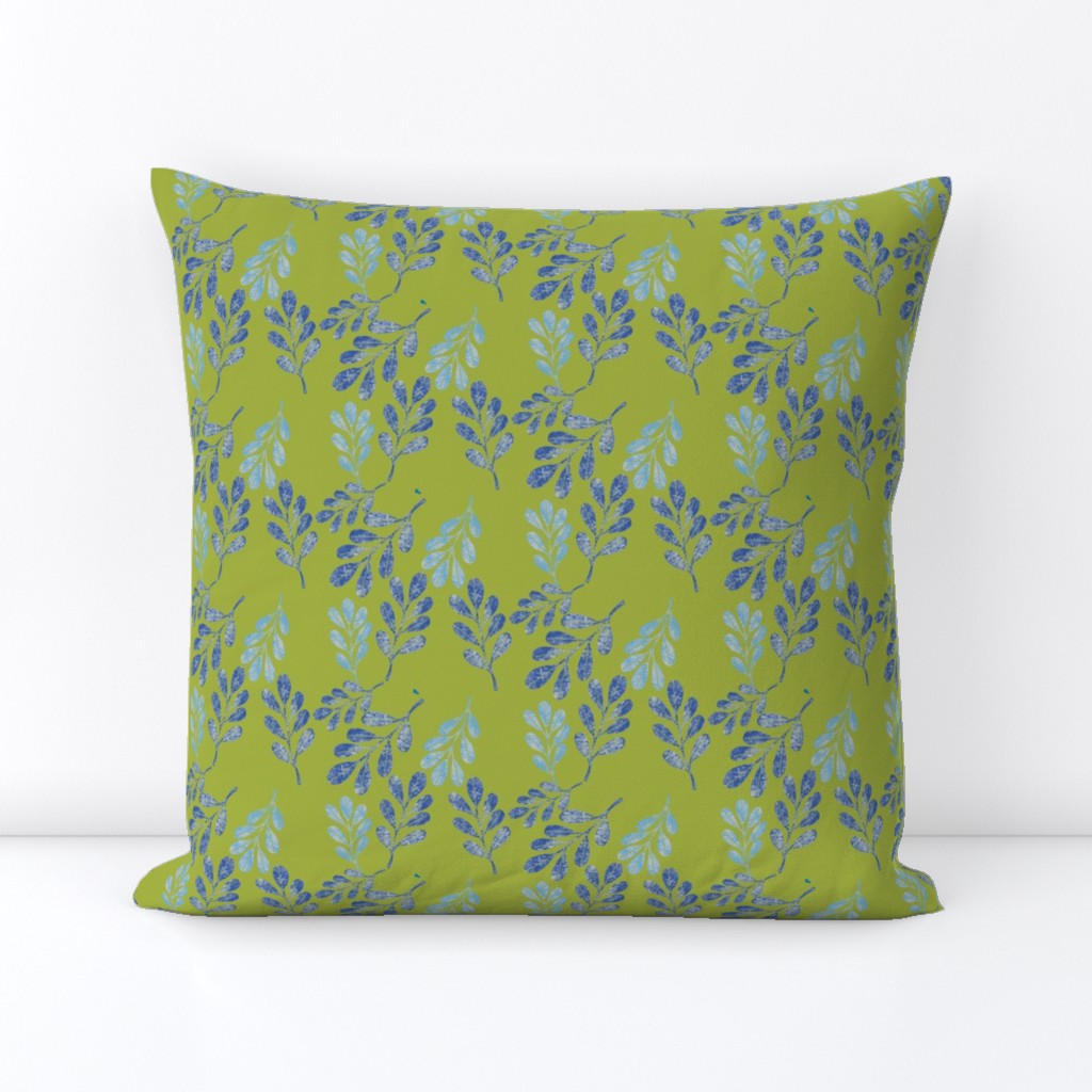 Simple Round Leaves Botanical in Textured Blue on Olive Green Medium