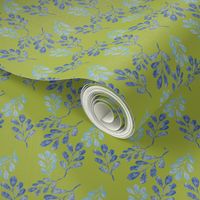 Simple Round Leaves Botanical in Textured Blue on Olive Green Medium