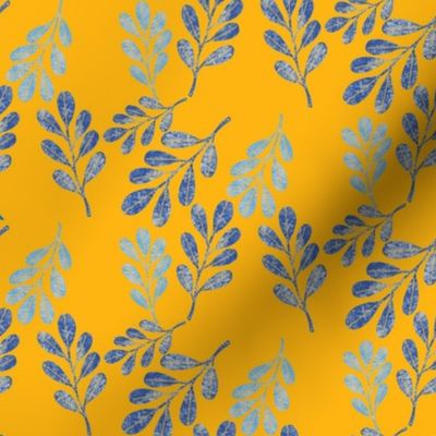 Simple Round Leaves Botanical in Textured Blue on Yellow  Medium