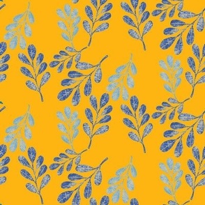Simple Round Leaves Botanical in Textured Blue on Yellow  Medium