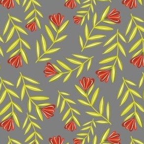 Red Folk Flower with Leaves Botanical on Gray Medium