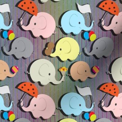 Cartoon elephants on subtle rainbow background