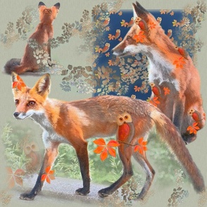 18x18-Inch Repeat of Where Young Foxes Roam at Sunset on Sage Background
