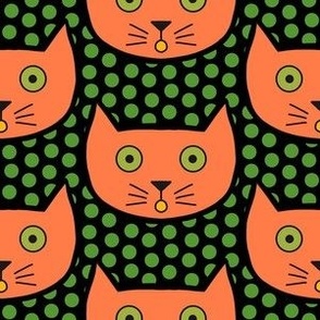 Nocturnal Orange Kitty Cat on Green Polka Dot - Medium