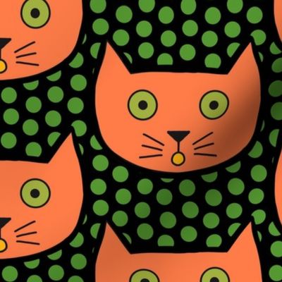 Halloween Nocturnal Orange Kitty Cat on Green Polka Dot - Large