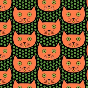Halloween Nocturnal Orange Kitty Cat on Green Polka Dot - Large