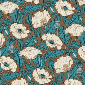 Vintage Poppy in cream teal blue rust brown