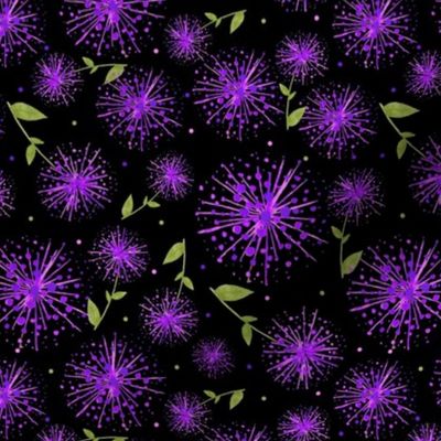 Smaller Scale Watercolor Purple Dandelion Flowers on Black