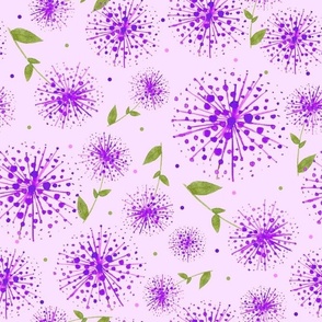 Bigger Scale Watercolor Purple Dandelion Flowers on Pale Lavender Pink