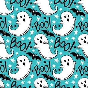 cute retro hand-drawn halloween ghosts turquoise