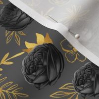 Medium Scale Black Roses and Gold Leaves Boujee Floral Coordinate