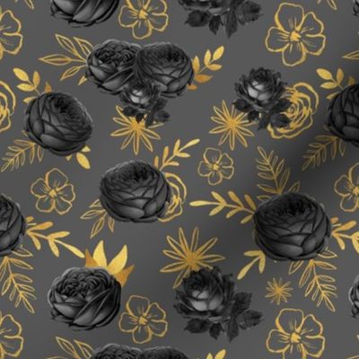 Medium Scale Black Roses and Gold Leaves Boujee Floral Coordinate