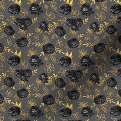 Small Scale Black Roses and Gold Leaves Boujee Floral Coordinate