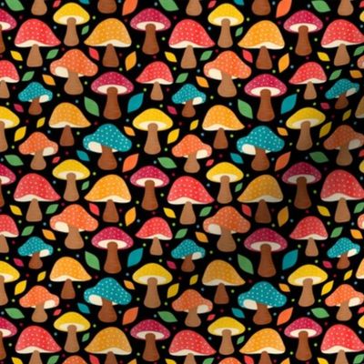 Small Scale Autumn Mushroom Forest on Black Background