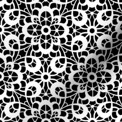 Smaller Scale Lace Floral White on Black Dainty Damask Eyelet