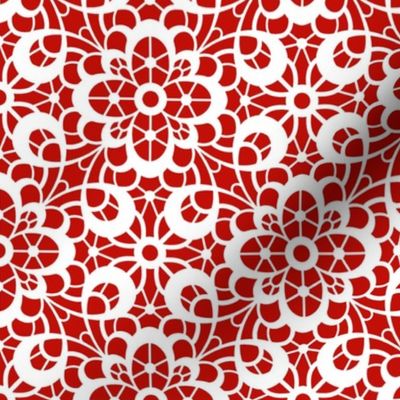 Smaller Scale Lace Floral White on Red Dainty Damask Eyelet