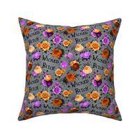 Medium Scale Wicked Bitch Sarcastic Sweary Halloween Floral with Purple Orange Black Roses