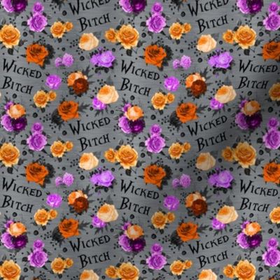 Small Scale Wicked Bitch Sarcastic Sweary Halloween Floral with Purple Orange Black Roses