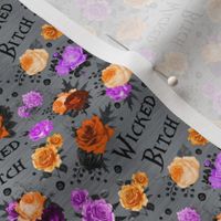 Small Scale Wicked Bitch Sarcastic Sweary Halloween Floral with Purple Orange Black Roses