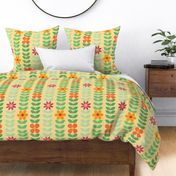 Large Scale Summer Scandi Vine and Flowers Fall Leaves and Blooms in Red Orange Gold on Butter Yellow