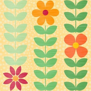 Large Scale Summer Scandi Vine and Flowers Fall Leaves and Blooms in Red Orange Gold on Butter Yellow