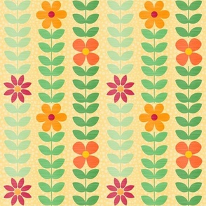 Medium Scale Summer Scandi Vine and Flowers Fall Leaves and Blooms in Red Orange Gold on Butter Yellow