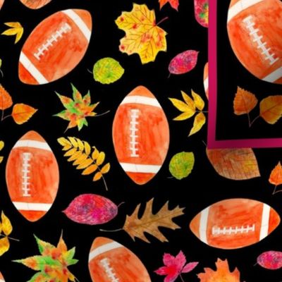 Large 27x18 Fat Quarter Panel for Tea Towel or Wall Art Hanging Fall means Football with Watercolor Autumn Leaves