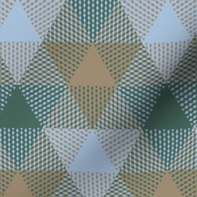 triangle plaid in pine green, sky blue, and mushroom tan