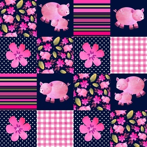 Patchwork 6" Square Cheater Quilt The Prettiest Farm Pink Pigs on Dark Navy