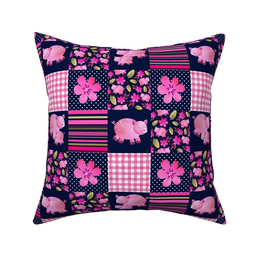 Smaller Patchwork 3" Square Cheater Quilt The Prettiest Farm Pink Pigs on Dark Navy