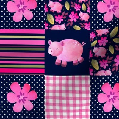 Smaller Patchwork 3" Square Cheater Quilt The Prettiest Farm Pink Pigs on Dark Navy