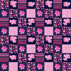 Smaller Patchwork 3" Square Cheater Quilt The Prettiest Farm Pink Pigs on Dark Navy