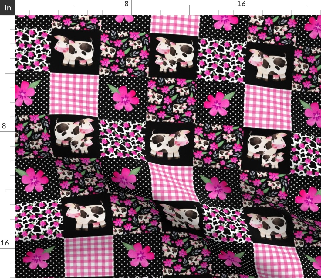 Smaller Patchwork 3" Square Cheater Quilt The Prettiest Farm Cow Print on Black