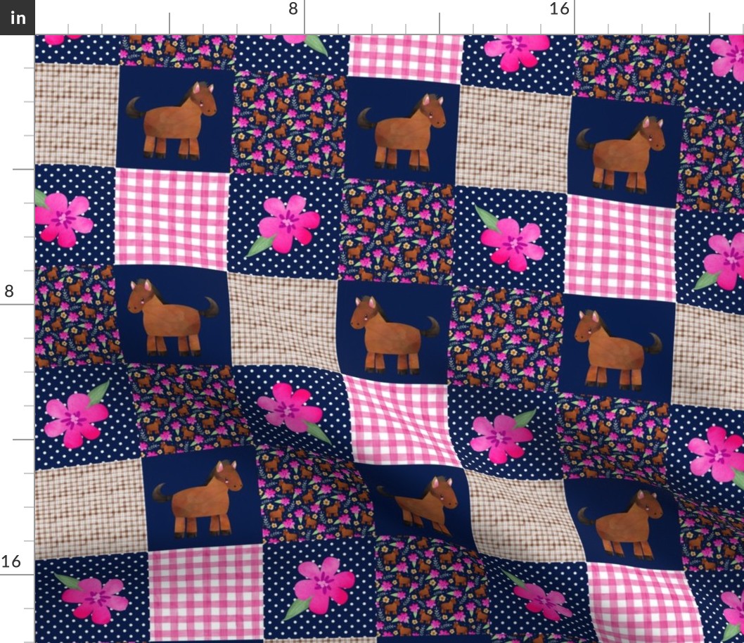 Smaller Patchwork 3" Square Cheater Quilt The Prettiest Farm Horses on Navy