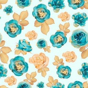 Large Scale Turquoise and Gold Rose Flowers Elegant Floral