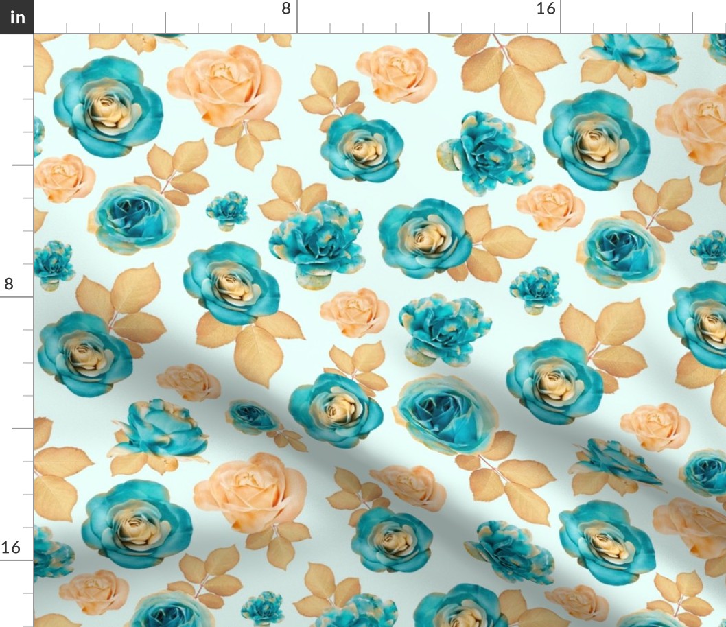 Large Scale Turquoise and Gold Rose Flowers Elegant Floral