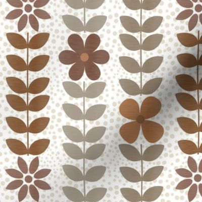 Medium Scale Neutral Scandi Vine and Flowers Warm Tones Tan Brown Grey on Ivory off White