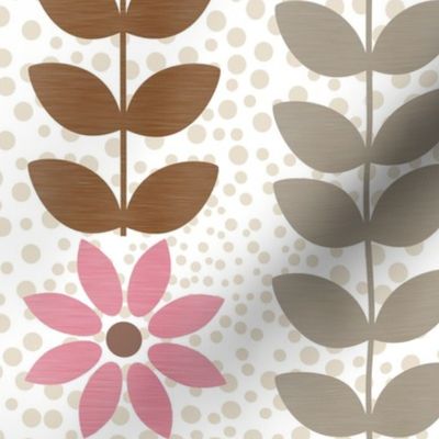 Large Scale Neutral Scandi Vine and Pink Flowers Warm Tones Tan Brown Grey on Ivory off White
