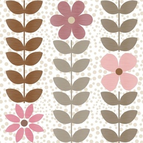 Large Scale Neutral Scandi Vine and Pink Flowers Warm Tones Tan Brown Grey on Ivory off White