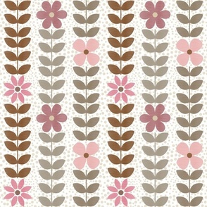 Medium Scale Neutral Scandi Vine and Pink Flowers Warm Tones Tan Brown Grey on Ivory off White