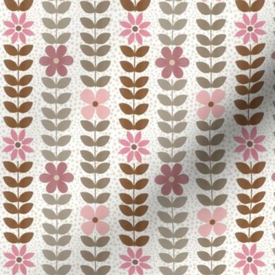 Small Scale Neutral Scandi Vine and Pink Flowers Warm Tones Tan Brown Grey on Ivory off White