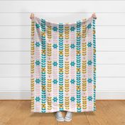 Large Scale Scandi Vine and Flowers Lagoon Blue Mustard Yellow Cotton Candy Pink